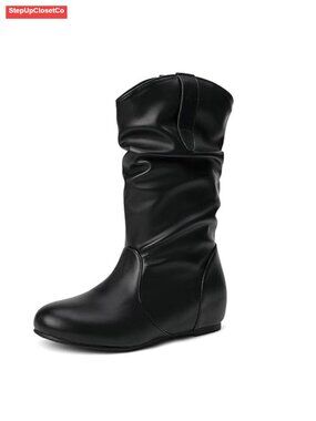 Wide Width Slouchy Faux Leather Mid Calf Boots Memory Foam Low Heel